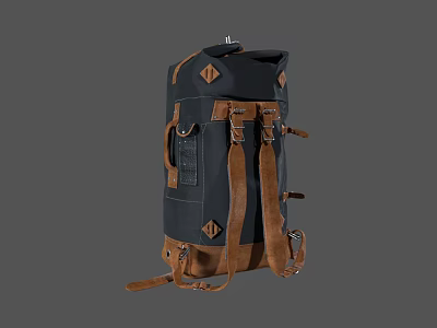 Dark Blue And Brown Canvas Leather Backpack With Adjustable Straps Multiple Buckles And Front Pocket 3d model
