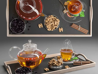 Transparent Glass Tea Set With Teapot Steaming Cup Walnuts Cinnamon Sticks On Tray 3d model