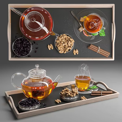 Transparent Glass Tea Set With Teapot Steaming Cup Walnuts Cinnamon Sticks On Tray 3d model