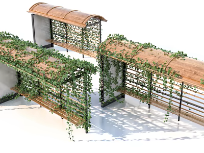 Wooden Pergola With Curved Roof Covered In Green Vines And Outdoor Seating Area Design 3d model
