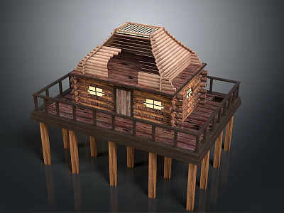 Elevated Wooden Log Cabin Structure With Deck Railing Sloped Roof And Lit Windows 3d model