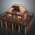 Elevated Wooden Log Cabin Structure With Deck Railing Sloped Roof And Lit Windows