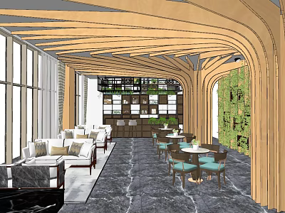 Modern Leisure Area Interior With Wooden Curved Structures Large Windows Sofas And Green Plant Wall 3d model