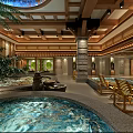 Elegant SPA Sauna Interior Design With Round Pool Stone Walls Wooden Ceiling And Green Plants