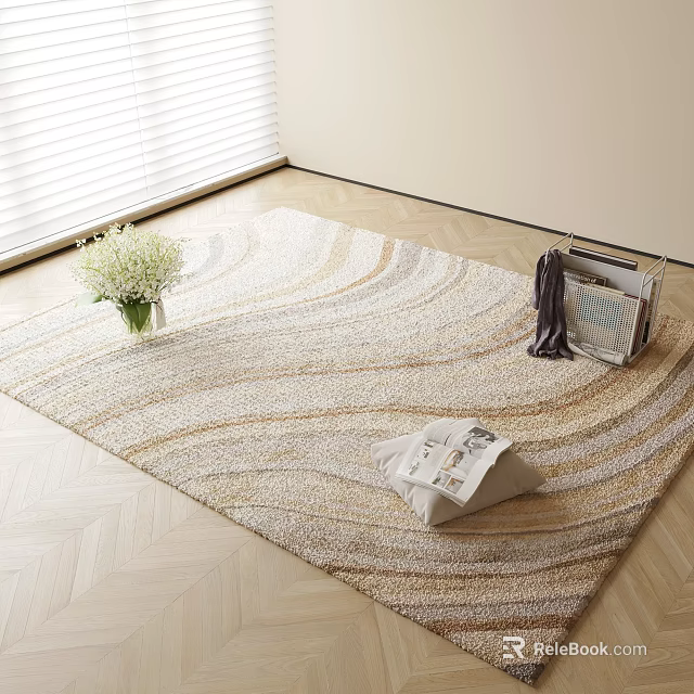 Beige Brown Wavy Square Area Rug with White Flower Vase Magazines and Basket 3d model 