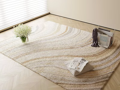 Beige Brown Wavy Square Area Rug with White Flower Vase Magazines and Basket 3d model