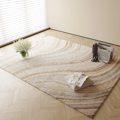 Beige Brown Wavy Square Area Rug with White Flower Vase Magazines and Basket 3d model