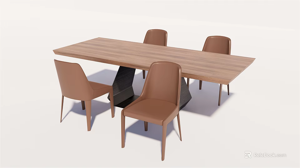 Modern Wooden Rectangular Dining Table Set With Four Brown Leather Chairs And Black Geometric Base 3d model