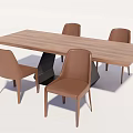 Modern Wooden Rectangular Dining Table Set With Four Brown Leather Chairs And Black Geometric Base 3d model