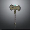 Sculpted Axe Carving With Metal Head Blue Gemstones And Golden Decorations On Handle
