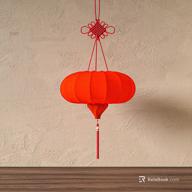 Red Round Chinese Lantern With Chinese Knot And Tassel Hanging On Beige Wall 3d model 