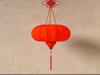 Red Round Chinese Lantern With Chinese Knot And Tassel Hanging On Beige Wall 3d model