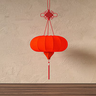 Red Round Chinese Lantern With Chinese Knot And Tassel Hanging On Beige Wall 3d model