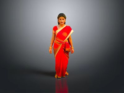 Elegant Indian Woman In Traditional Red Saree Standing Against Grey Background 3d model