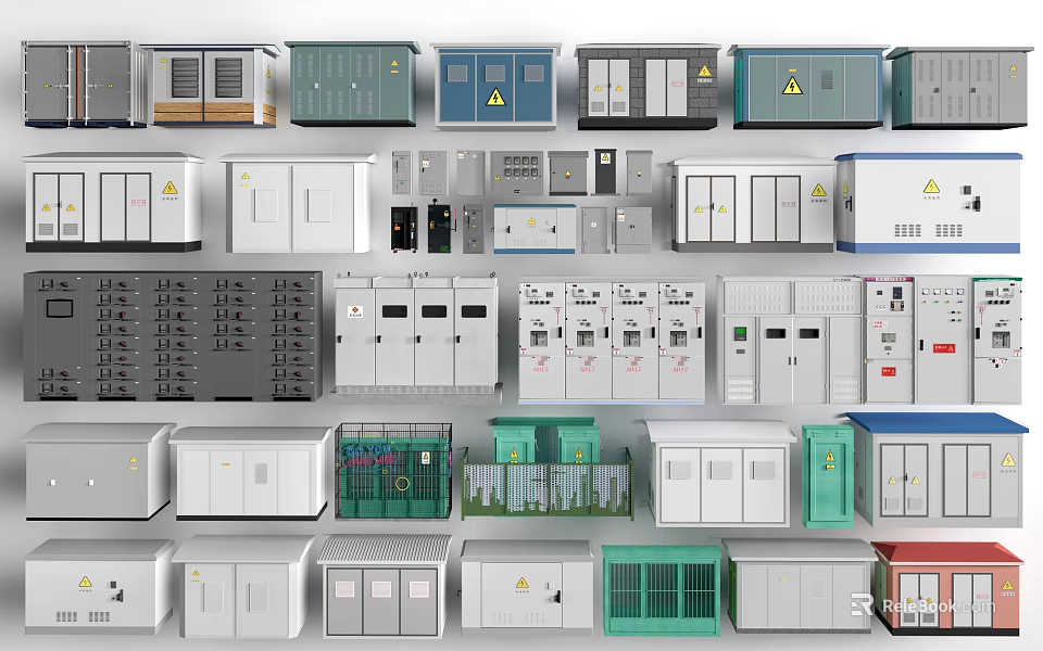 Various Industrial Control Cabinets With Safety Labels Different Colors And Specifications 3d model 