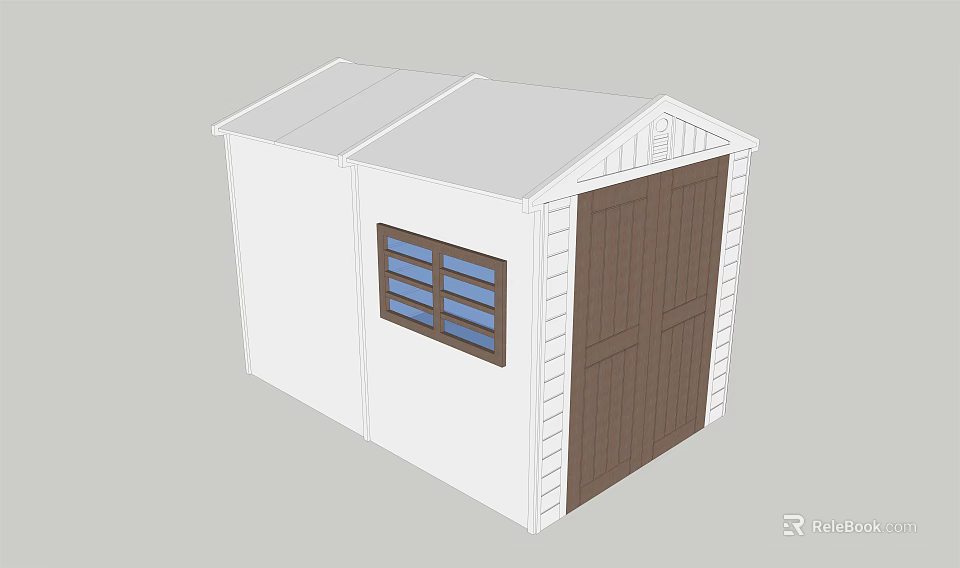 White Garden Shed Exterior Design With Brown Door And Blue Paned Window 3d model 