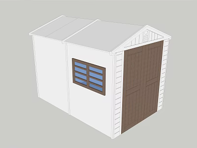 White Garden Shed Exterior Design With Brown Door And Blue Paned Window 3d model
