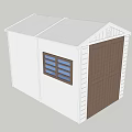 White Garden Shed Exterior Design With Brown Door And Blue Paned Window