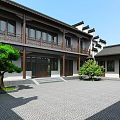 Traditional Ancient Chinese Architecture With Grey Tile Roof Courtyard Green Plants And White Walls