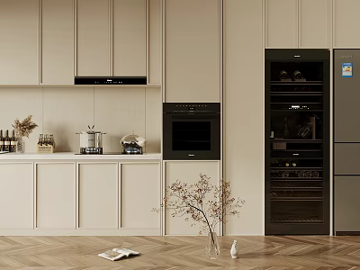 Modern Kitchen Interior With Beige Sideboard Storage Cabinet And Black Appliances Vase Books Decor 3d model