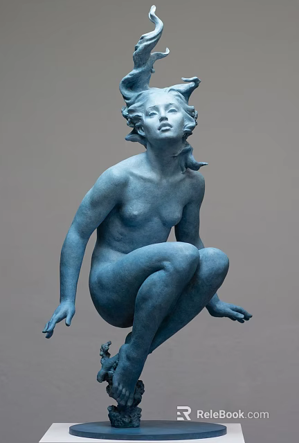 Blue Female Figure Sculpture Carving In Squatting Pose With Artistic Details 3d model 