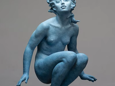 Blue Female Figure Sculpture Carving In Squatting Pose With Artistic Details 3d model