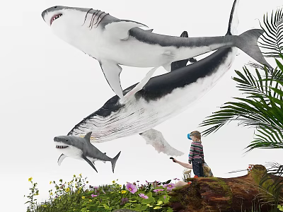 Shark and Whale Swimming with Child Interacting Near Lush Plants and Colorful Flowers 3d model