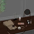 Elegant Perfume And Cosmetics On Wooden Table With Golden Mirror Beige Bag Candle And Palette