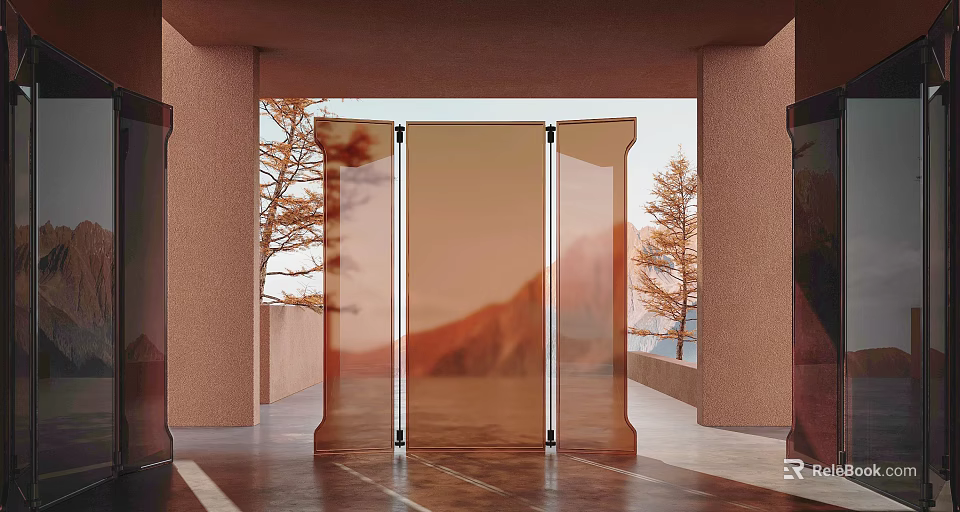 Translucent Folding Screen In Modern Architectural Interior With Natural Landscape 3d model