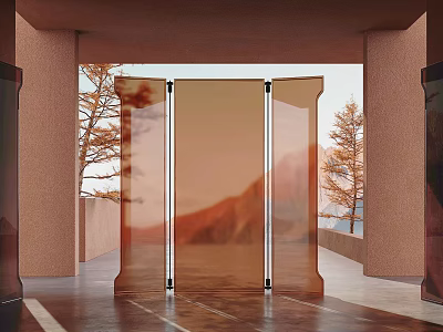 Translucent Folding Screen In Modern Architectural Interior With Natural Landscape 3d model