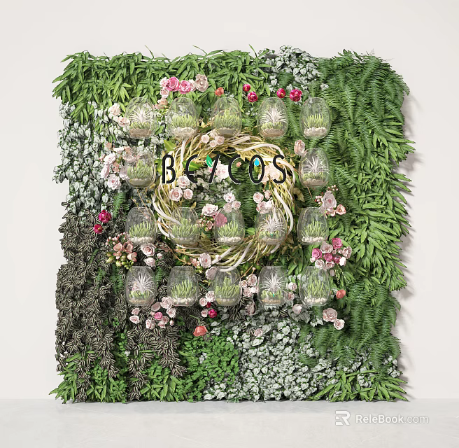 Decorative Green Plant Wall With Glass Containers Pink Flowers And Ferns 3d model 