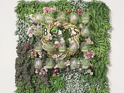 Decorative Green Plant Wall With Glass Containers Pink Flowers And Ferns 3d model