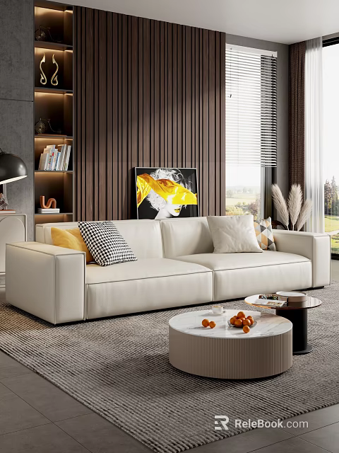 Modern White Double Sofa with Yellow Checkered Pillows and Round Coffee Table by Window 3d model