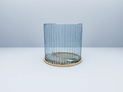 Transparent Cylindrical Commercial Equipment With Vertical Thin Strips Circular Wooden Base And Sleek Modern Design 3d model