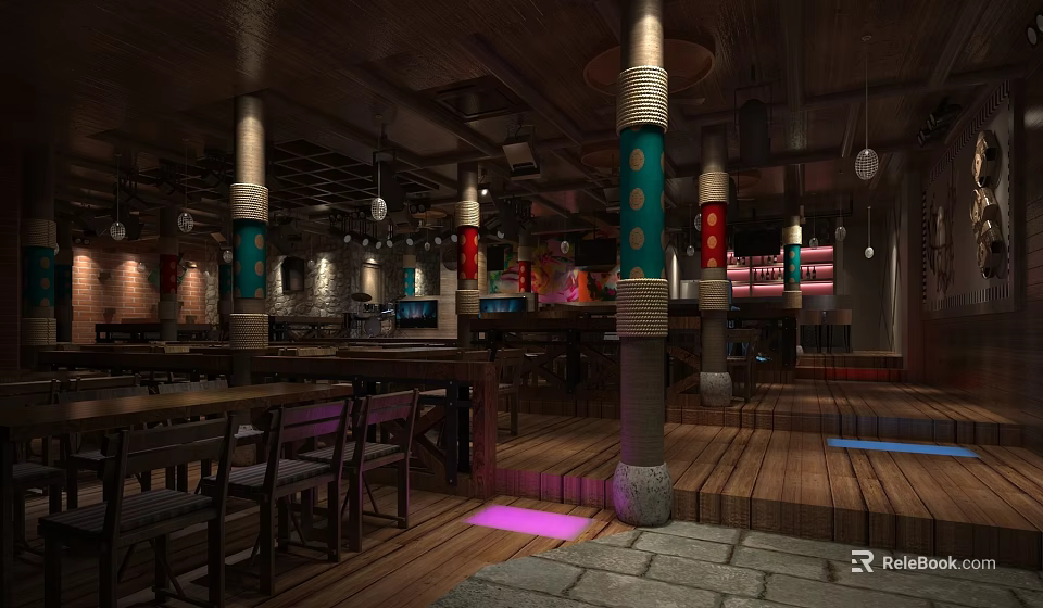 Stylish Bar Interior With Wooden Floors Decorative Columns Pendant Lights And Comfortable Seating Areas 3d model 