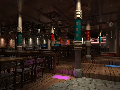 Stylish Bar Interior With Wooden Floors Decorative Columns Pendant Lights And Comfortable Seating Areas 3d model