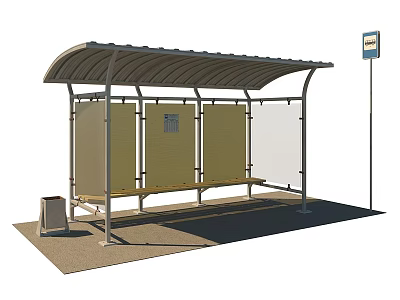 Modern Bus Stop Shelter with Bench Trash Can and Information Sign 3d model