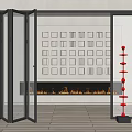 Black Frame Folding Doors Open in Modern Interior With Fireplace and Red Decorative Pillar