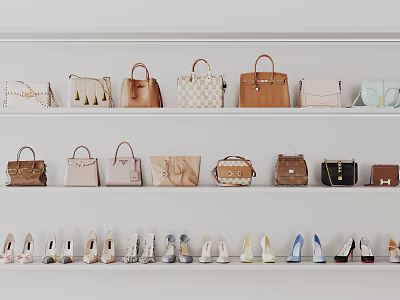 Fashionable Stylish Handbags Collection Featuring Various Designs Colors On White Shelves 3d model