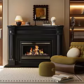 Fireplace with burning fire black mantel in cozy living room green armchair bookshelves decorative mirror
