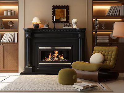 Fireplace with burning fire black mantel in cozy living room green armchair bookshelves decorative mirror 3d model