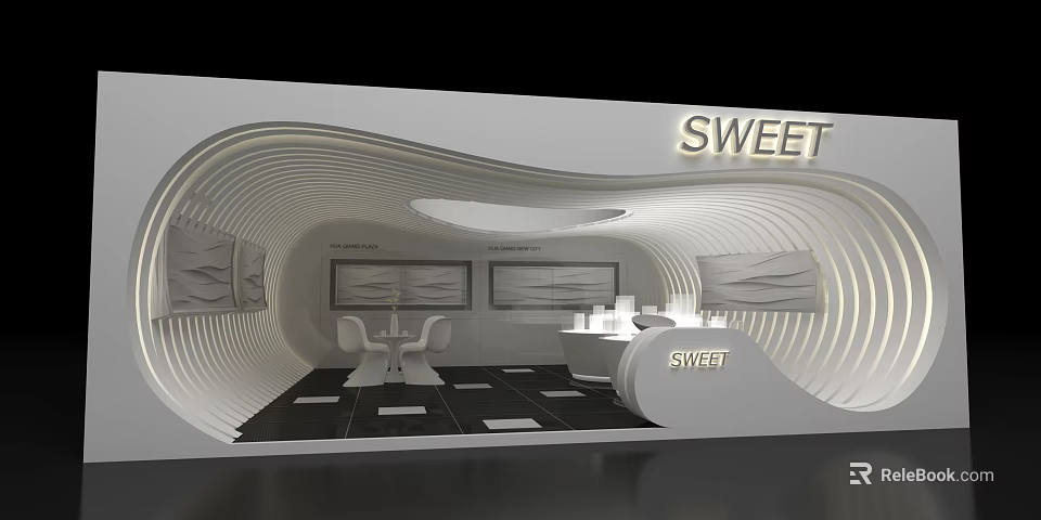 SWEET Exhibition Booth With White Wavy Design Tables Chairs Display Areas And Lighting Effects 3d model 