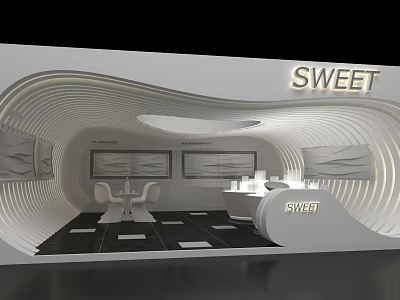SWEET Exhibition Booth With White Wavy Design Tables Chairs Display Areas And Lighting Effects 3d model