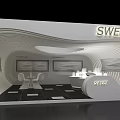 SWEET Exhibition Booth With White Wavy Design Tables Chairs Display Areas And Lighting Effects