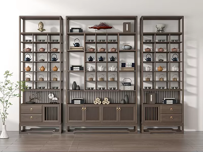 Traditional Chinese Wooden Curio Display Shelves With Tea Sets Decorative Items And Drawers 3d model