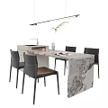Modern Dining Table Set with Marble Top Black Frame Chairs and Hanging Pendant Light 3d model