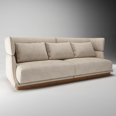 Beige Two-Seater Sofa with Three Cushions and Wooden Base Modern Minimalist Living Room Furniture 3d model