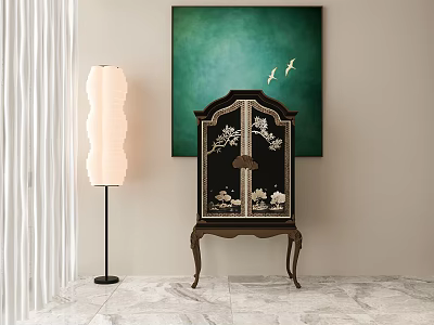 Chinese Style Decorative Cabinet With Floral Patterns And Green Wall Art Featuring Flying Birds 3d model