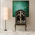 Chinese Style Decorative Cabinet With Floral Patterns And Green Wall Art Featuring Flying Birds