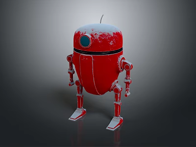 Red Robot with Snow Covered Round Dome and Blue Eye Standing on Dark Surface 3d model